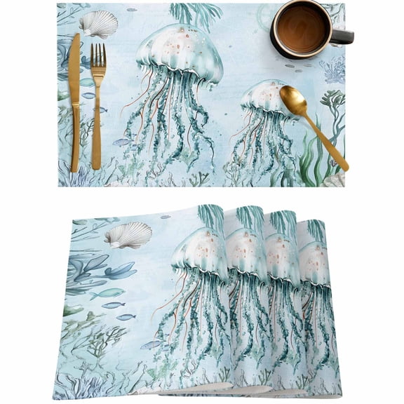 Ocean Jellyfish Shell Seaweed Placemats Set of 4,Wipeable Washable Table Mats for Dining Tables,Marine Life Underwater World Place Mats for Kitchen Event Party Tabletop Decor
