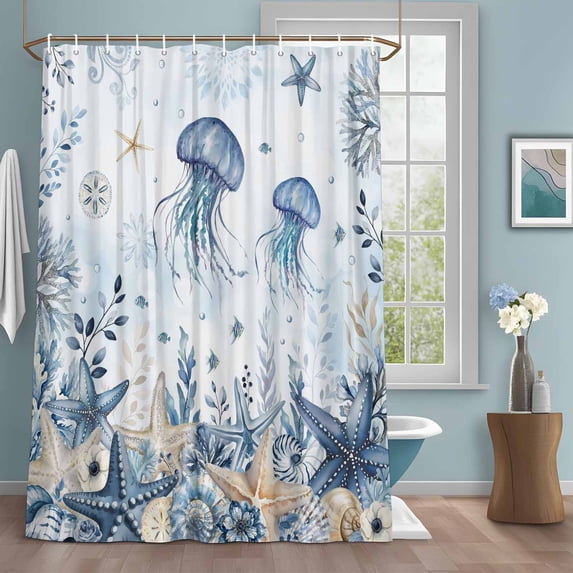 Ocean Jellyfish Shower Curtains for Bathroom, Blue Yellow Sea Star Shell Coral Gradient Blue Washable Fabric Shower Curtain with Hooks Waterproof Bathroom Decor Sets, 36 x 78 Inches