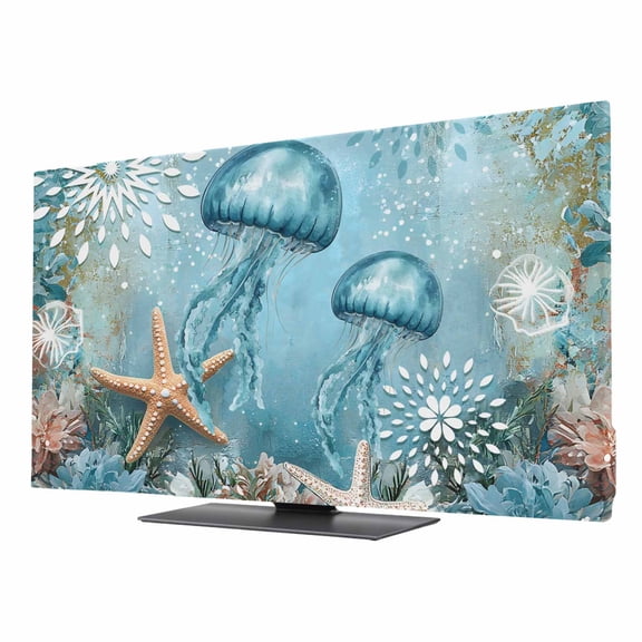Ocean Jellyfish TV Dust Cover 24 Inch, Marine Life Abstract Retro Blue Nature Computer Monitor Cover Dustproof Stretchable Indoor TV Screen Protector for LED LCD Universal Monitors