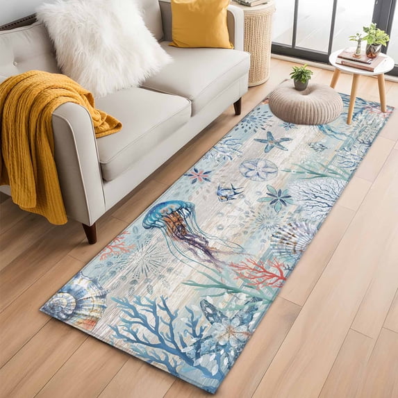 Ocean Jellyfish Washable Runner Rugs 2'x6', Shell Coral Low Pile Throw Entryway Rug Non-Slip Sturdy Edge Binding Carpet for Indoor Bedside Entrance Bedside