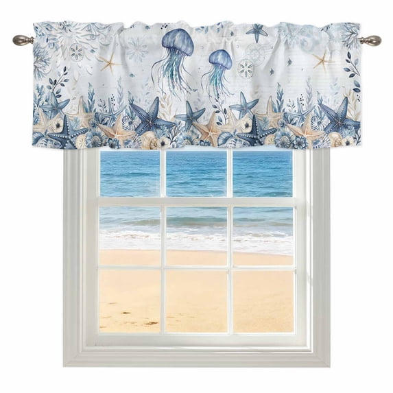 Ocean Jellyfish Window Valance for Kitchen, Blue Yellow Sea Star Shell Coral Blue Rod Pocket Short Curtain for Small Windows, Light Filtering Decorative Valance, 60 x 18 Inch