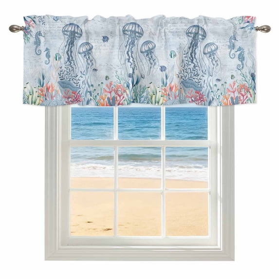 Ocean Jellyfish Window Valance for Kitchen, Watercolor Seaweed Sea Horse Coral Blue Letter Texture Rod Pocket Short Curtain for Small Windows, Light Filtering Decorative Valance, 56 x 16 Inch
