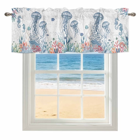 Ocean Jellyfish Window Valance for Kitchen, Watercolor Seaweed Sea Horse Coral White Letter Texture Rod Pocket Short Curtain for Small Windows, Light Filtering Decorative Valance, 60 x 18 Inch
