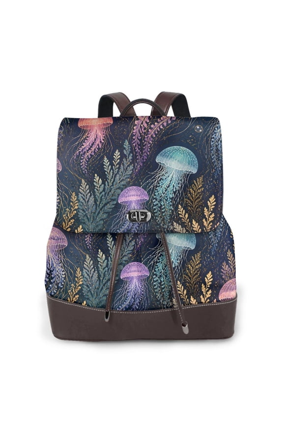 Ocean Jellyfish Women's Leather Backpack All-Over Print Bag for Work and Travel