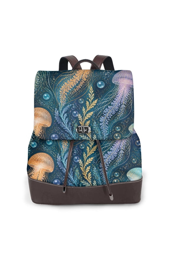 Ocean Jellyfish Women's Leather Backpack All-Over Print Bag for Work and Travel