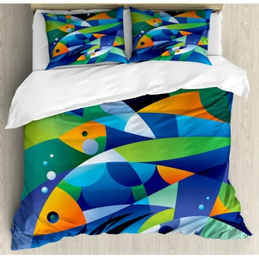 Ocean King Size Duvet Cover Set, Abstract Digital Geometric Pieced Fish with Circle Curves Depths of the Ocean Theme, Decorative 3 Piece Bedding Set with 2 Pillow Shams, Multicolor, by Ambesonne