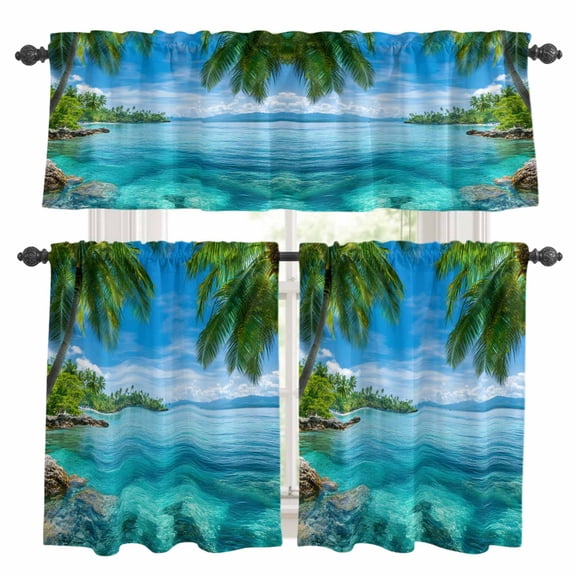 Ocean Kitchen Curtains Sets for Windows 36 Inch Length, Blue Sky Palm Tree Beach Scenery Forest Shore Rod Pocket Window Treatments Tier Curtains and Valances Set for Bedroom/Bathroom