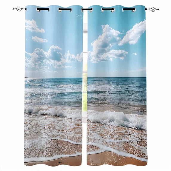 Ocean Kitchen Curtains Summer Sandy Beach Blue Sky Coastal Waves Cafe Short Curtains for Bathroom Blackout Window Curtain Grommet Small Window Treatment Tier Drapes for Bedroom Living Room 42"x45"x2