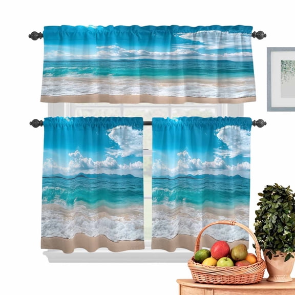 Ocean Kitchen Curtains Valances 3 Piece Set, Sea Wave Blue Sky White Cloud Beach Sandy Modern Rod Pocket Tier Curtain and Valance Drapes for Small Window 24 Inch Length for Bedroom Cafe