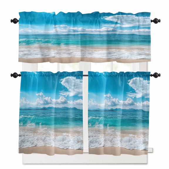 Ocean Kitchen Curtains and Valances Set, Sea Wave Blue Sky White Cloud Beach Sandy Modern Rod Pocket Window Valance 18 Inch Window Curtain Panels for Living Room Bedroom Laundry, 27.5x24in, 3 Pieces