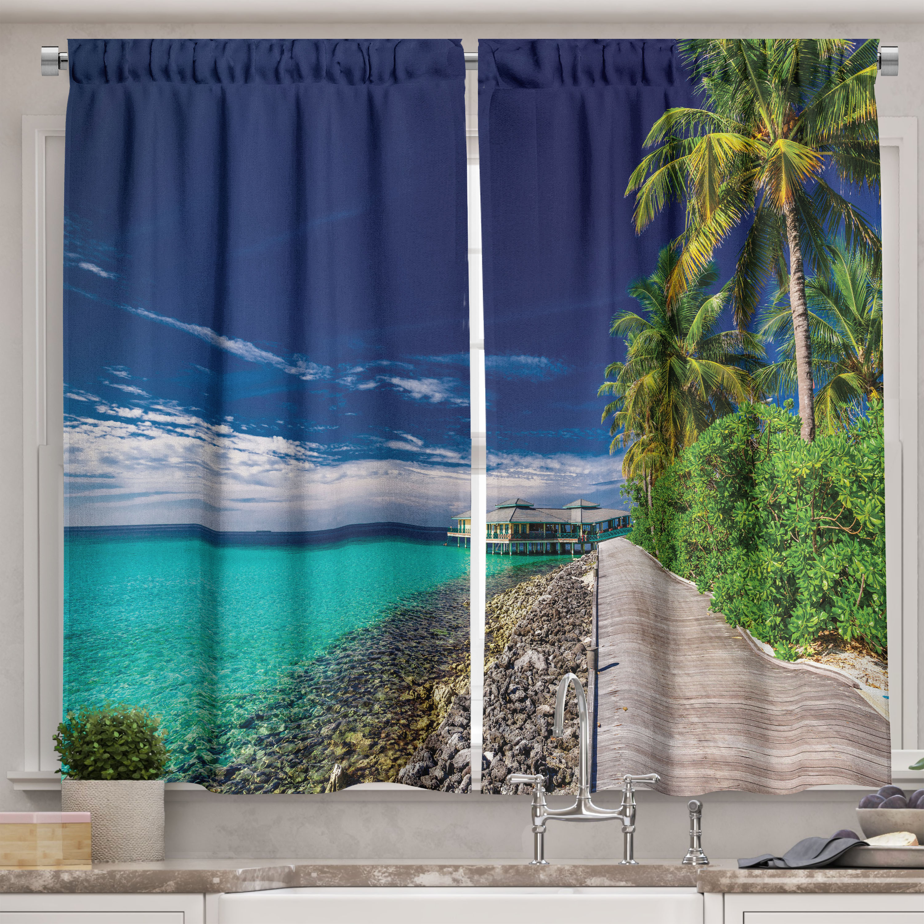 Ocean Kitchen Curtains, Wooden Boardwalkt the Beach Palm Trees in Dark