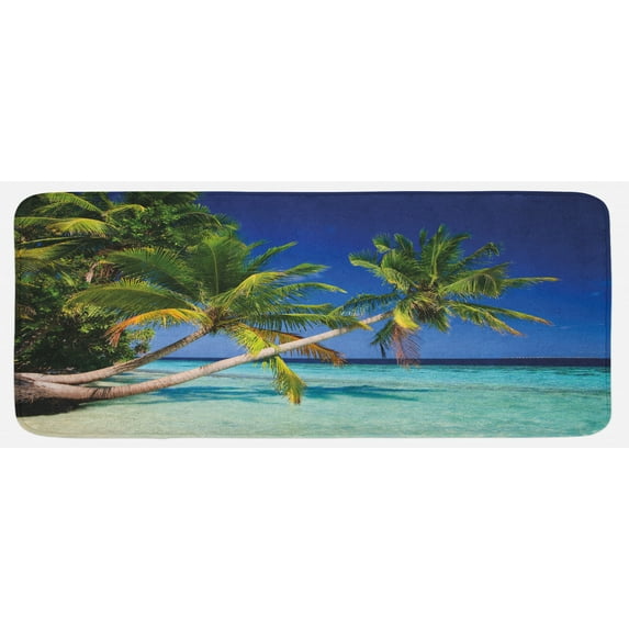 Ocean Kitchen Mat, Maldives Bay Paradise Resort Summer in Pacific Holiday Destinations, Plush Decorative Kitchen Mat with Non Slip Backing, 47" X 19", Turquoise Navy Blue, by Ambesonne