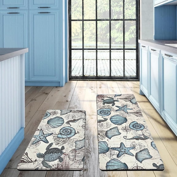 Ocean Kitchen Rugs Non Slip Set of 2 Waterproof, Coastal Kitchen Mats 2 Piece Kitchen Floor Mat Cushioned, Marine Life Anti Fatigue Runner Standing Floor Comfort Mats, 18'''' x 48''''+18'''' x 30''''