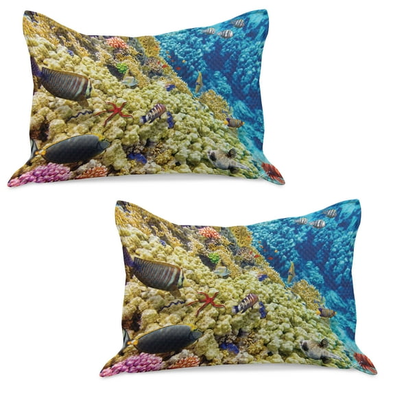 Ocean Knitted Quilt Pillowcover Set of 2, Colorful Life Natural Environment Deep down in the Sea Scenery Exotic Holiday Picture, Standard Queen Pillow Sham Bedroom, 30" x 20", Blue Beige, by Ambesonne