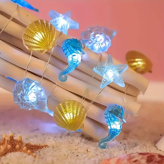 Ocean LED String Lights with Seashells Starfish Seahorses Coastal Decor for Beach House Patio Bedroom