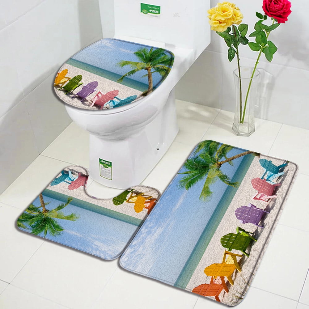 Ocean Landscape Bath Mat Set Beach Coconut Tree Surfboard StarConch