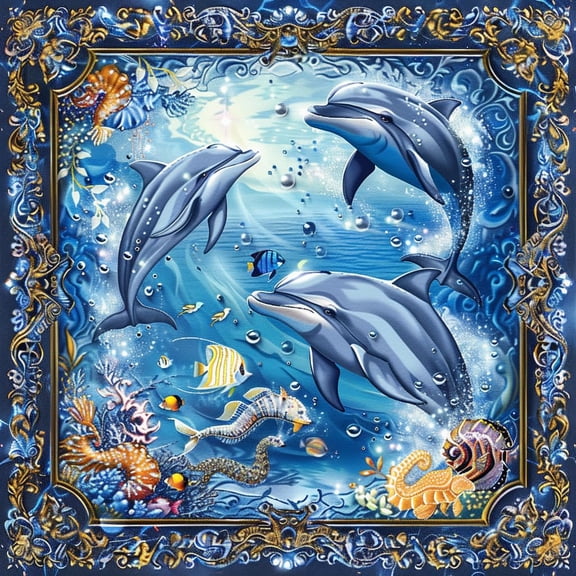 Ocean Landscape of Dolphins Fish DIY 11CT Stamped Cross Stitch Kits for Beginners Easy Needlepoint Embroidery Counted Cross Stitch Art Craft for Wall Decoration 14x14inch(11)