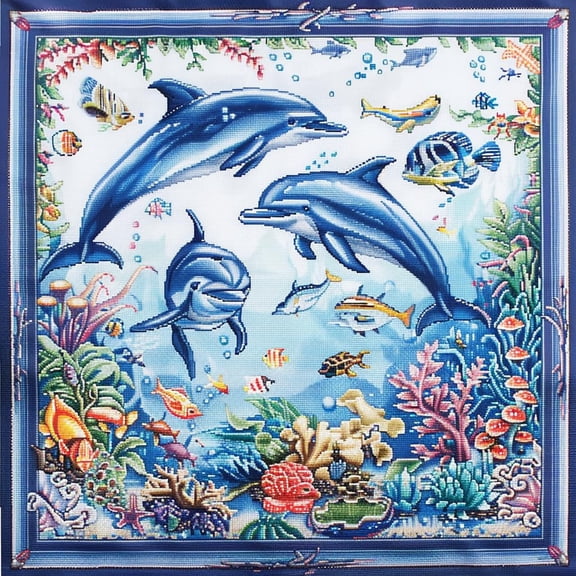 Ocean Landscape of Dolphins Fish DIY 11CT Stamped Cross Stitch Kits for Beginners Easy Needlepoint Embroidery Counted Cross Stitch Art Craft for Wall Decoration 14x14inch(5)