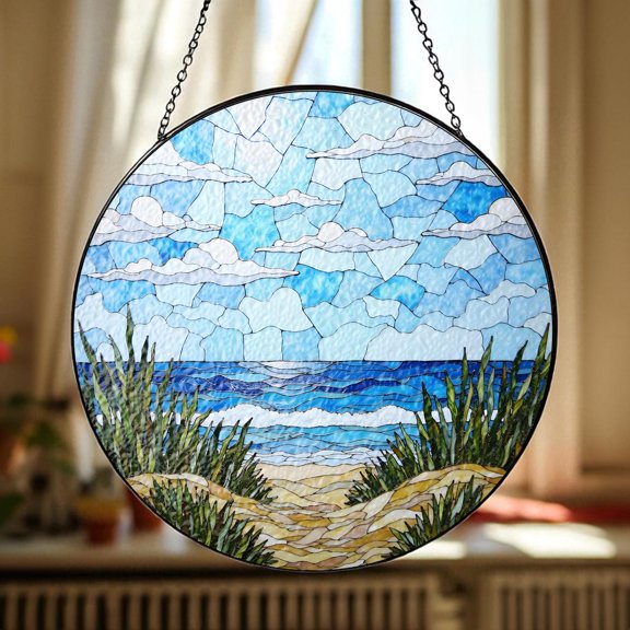 Ocean Landscape Glass Suncatcher v2, Coastal Beach Window Art, Light Calm Decor, 6.3 in