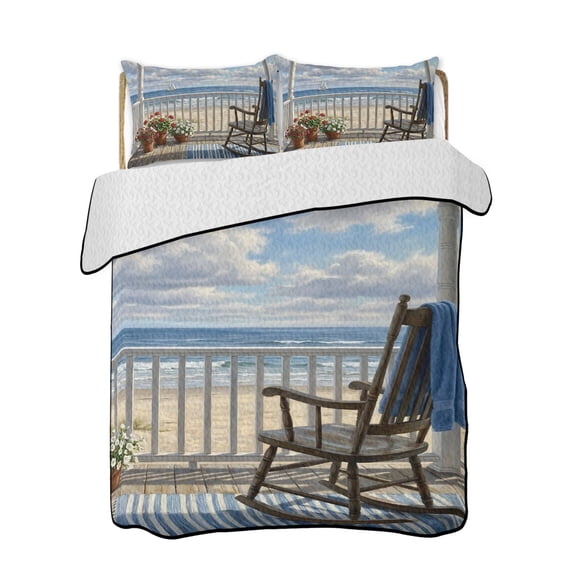 Ocean Landscape Quilts Bedding Set California King Modern Summer Balcony Rocking Chair Beach Lightweight Quilted Bedspread 3 Piece Bed Quilt with 2 Pillow Shams All Season for Bedroom 96" x 106"