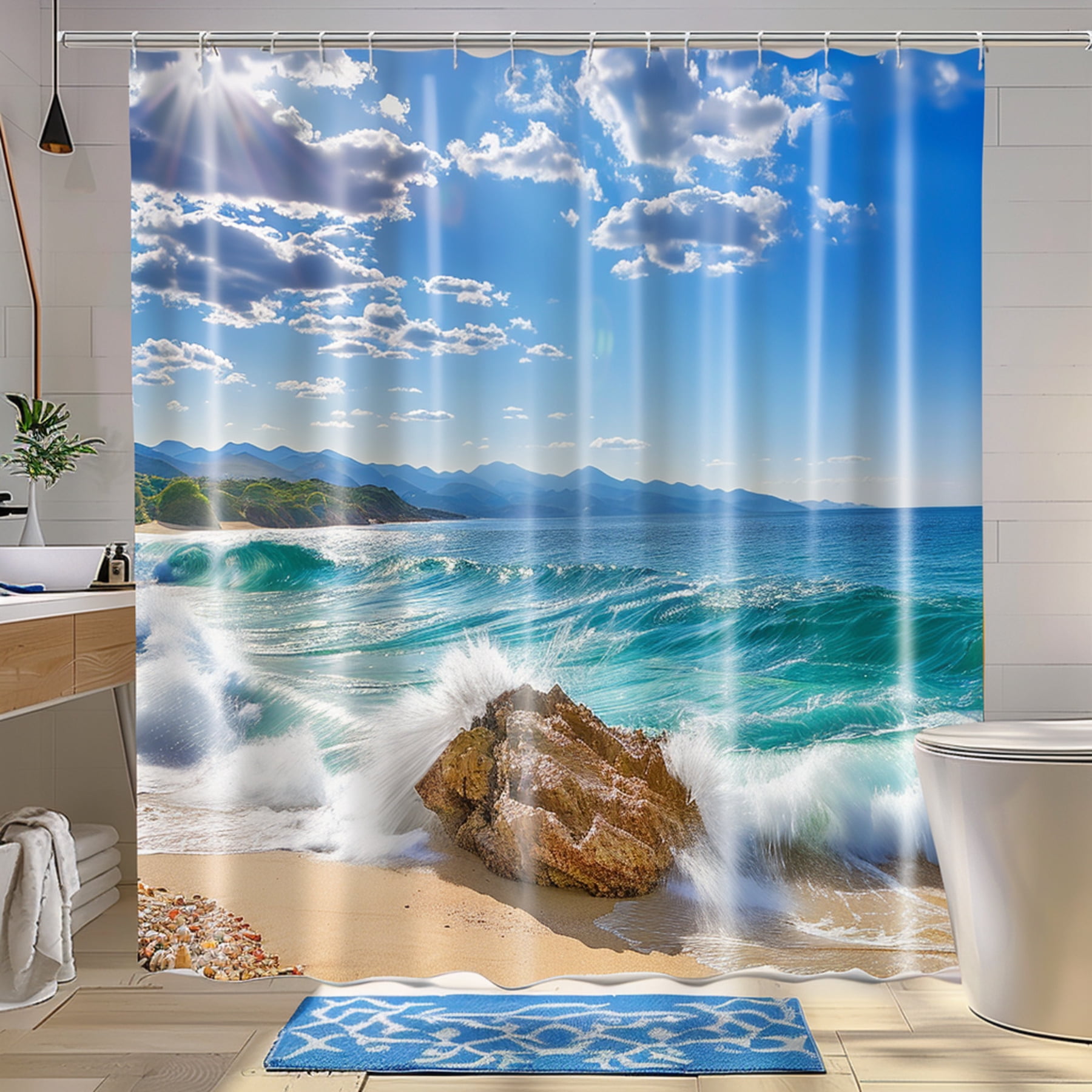 Ocean Landscape Shower Curtain Beach & Sea Design Realistic Photography ...