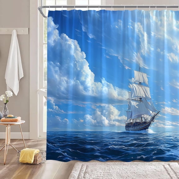Ocean Landscape Shower Curtain Blue Wave Sea Coastal Sailboat Ship Scenery Nautical Fabric Curtain with Hooks for Bathroom Decor-72"W x 72"L (Pack of 1)