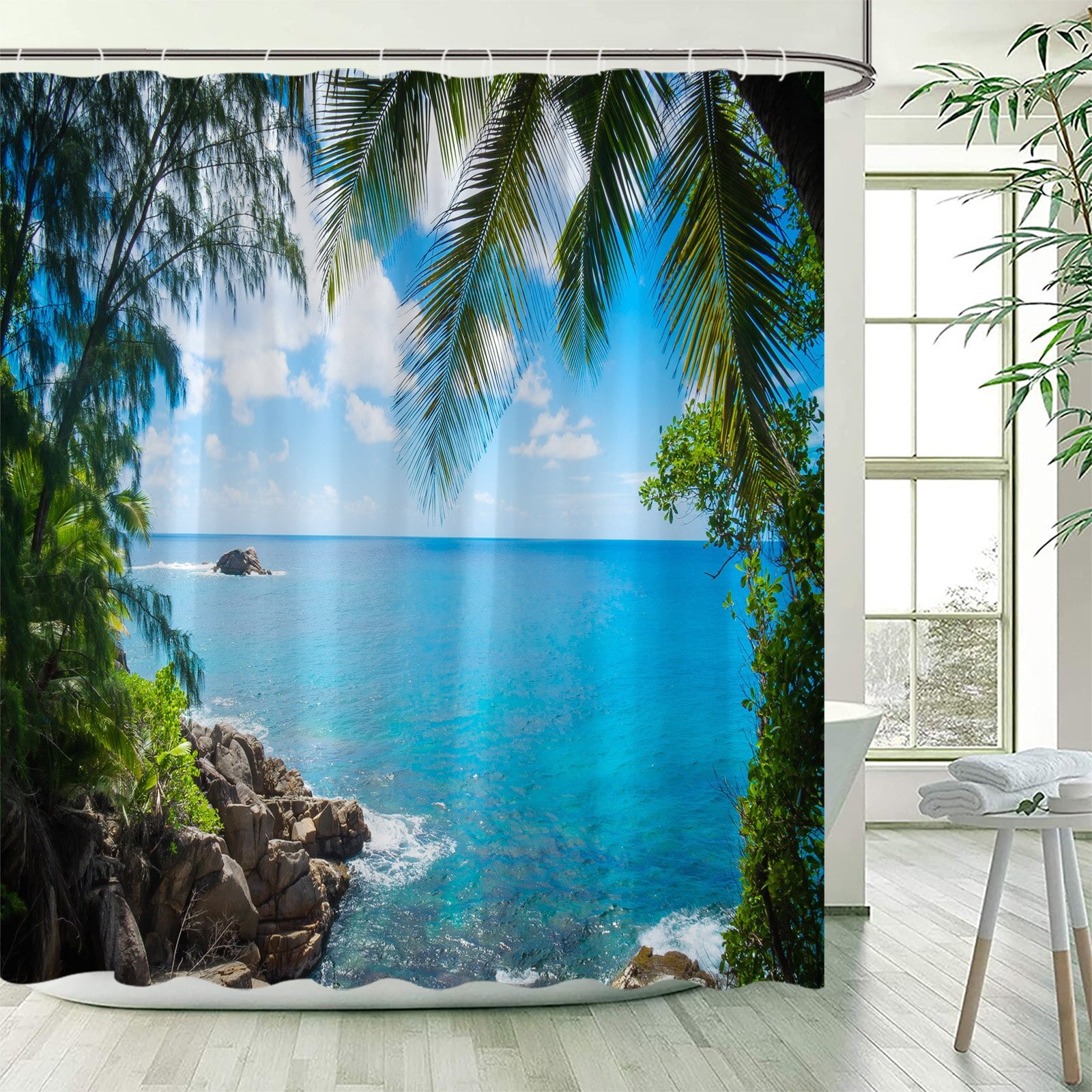 Ocean Landscape Shower Curtains Island Beach Coconut Trees Hawaiian Nature Scenery Fabric