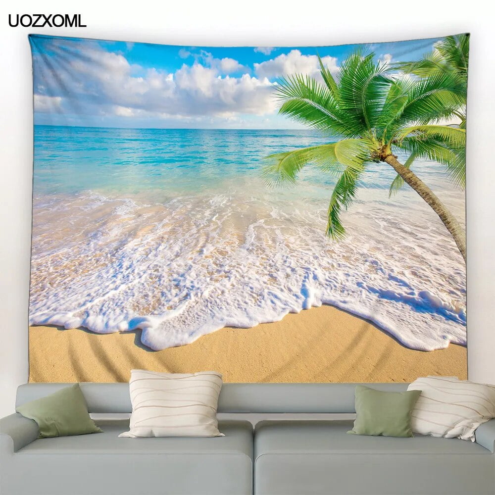 Ocean Landscape Tapestry Coconut Trees Sea Waves Beach StarConch Island ...