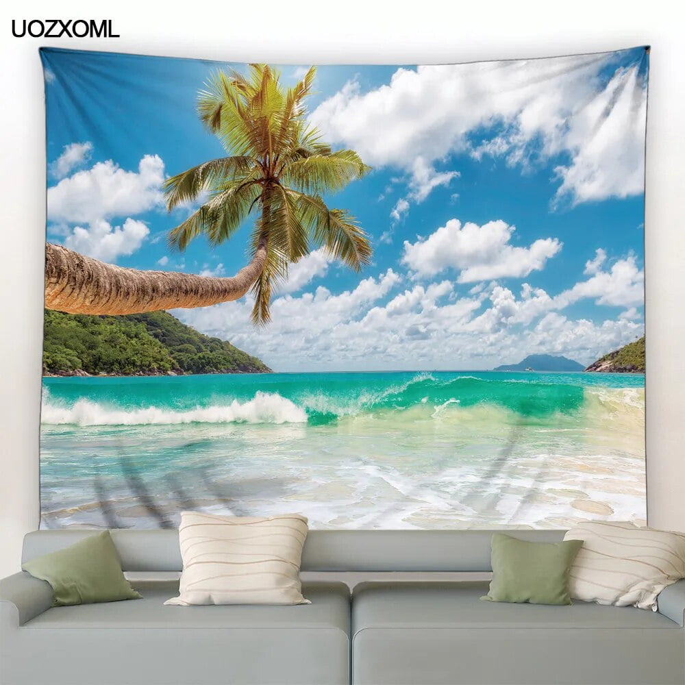 Ocean Landscape Tapestry Coconut Trees Sea Waves Beach StarConch Island ...