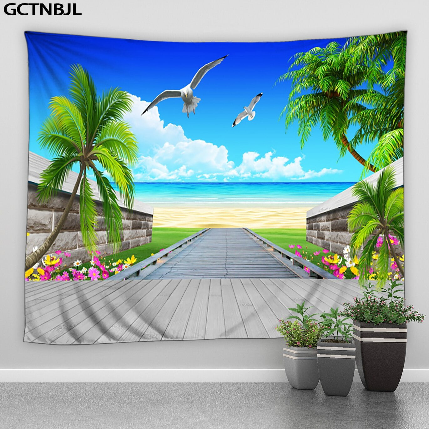 Ocean Landscape Tapestry wall hanging Sea Scene Palm Leaf Beach Hawaii