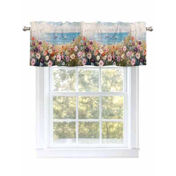 Ocean Landscape Valances for Windows, Rod Pocket Kitchen Valance Curtains - Soft & Washable Small Window Treatment for Living Room, Bathroom, Flower, 54x18inch