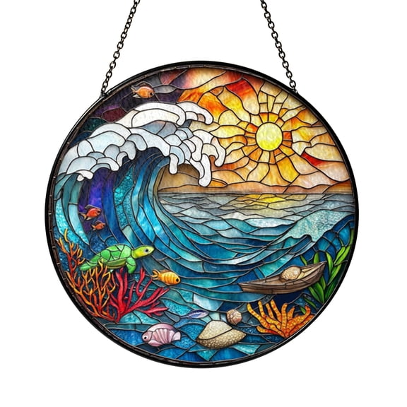 Ocean Landscape Wave Design Stained Glass Window Decor