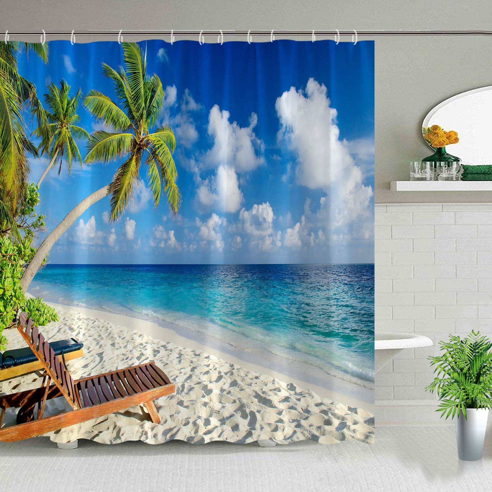 Ocean Landscapes Shower Curtain Tropical Palm Tree Sunny Island