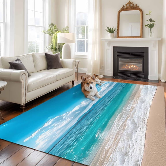 Ocean Large Area Rugs 8x10 ft Sea Wave Blue Sky White Cloud Beach Sandy Modern Washable Rug Non Slip Indoor Carpet Absorbent Floor Mat for Living Room Bedroom Dining Room