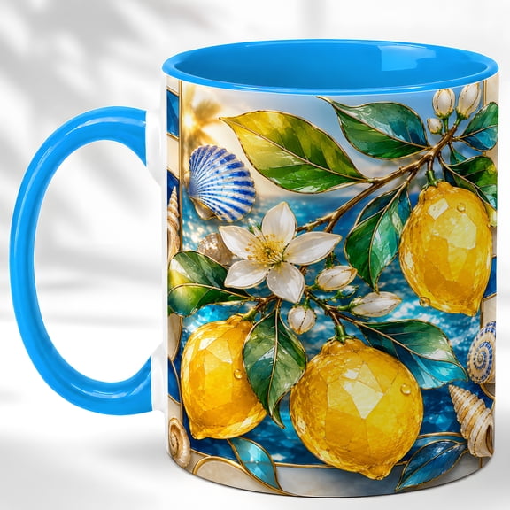Ocean Lemon Coffee Mug, Coastal Fruit Mug, Ceramic 11 oz