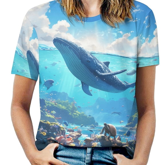 Ocean Life Adventure-1 Womens Tops Women's Fashion Casual Short Sleeve Flower Print Round Neck Pullover Top Blouse