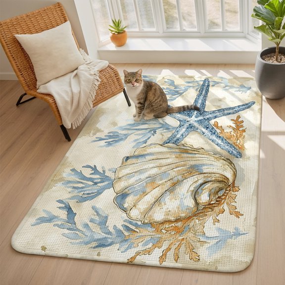 Ocean Life Area Rugs for Living Room 5x6, Marine Coral Algae Shell Starfish Oil Painting Washable Area Rug with Non Slip Backing, Stain Resist Carpet for Bedroom, Dining Room, Entryway, Entrance