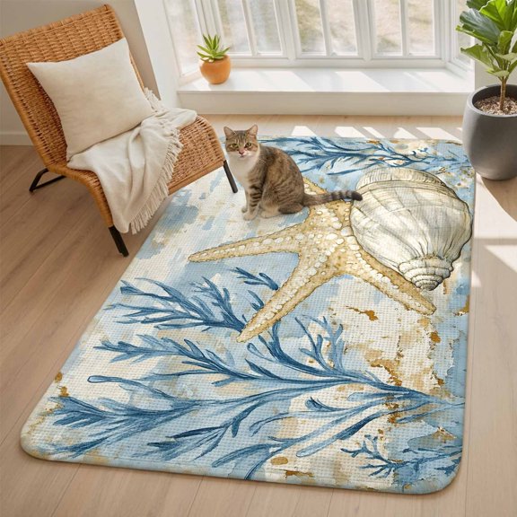 Ocean Life Area Rugs for Living Room 5x6, Marine Coral Shell Algae Starfish Oil Painting Washable Area Rug with Non Slip Backing, Stain Resist Carpet for Bedroom, Dining Room, Entryway, Entrance