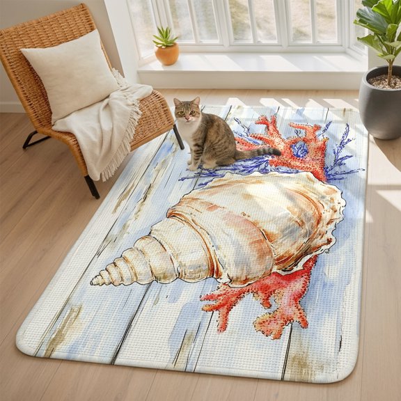 Ocean Life Area Rugs for Living Room 5x6, Marine Coral Shell Algae Starfish Wood Grain Washable Area Rug with Non Slip Backing, Stain Resist Linen Carpet for Bedroom, Dining Room, Entryway, Entrance