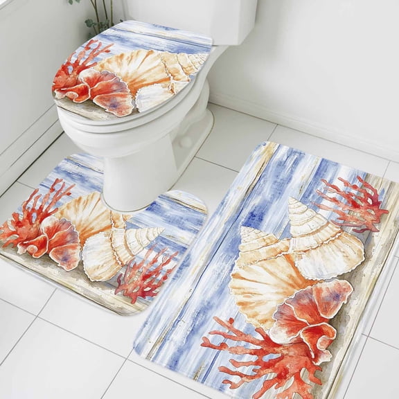Ocean Life Bathroom Rugs Set Marine Shell Coral Algae Starfish Oil Painting Non Slip Absorbent Soft Bath Mats 3 Piece Set with Bathroom Rug, U-Shaped Floor Mat, Toilet Seat Cover Small Size