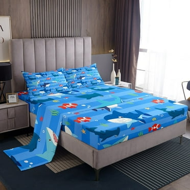 Ocean Life Bed Sheets Set, Cartoon Shark Whale Sheets Twin, Colorful Underwater World Sheet Set, Abstract Geometric Sea Wave Bedding Set, Starfish Sea Animals Flat Fitted Sheet, Blue 3 Piece