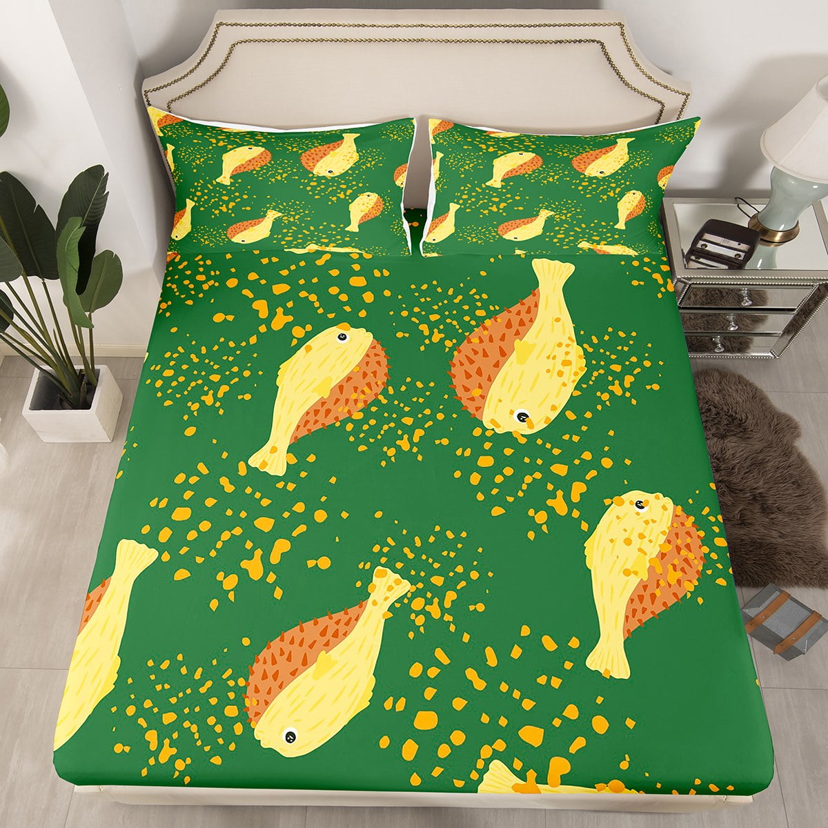 Ocean Life Bedding Set Queen Size,Cartoon Doodle Puffer Fish Fitted