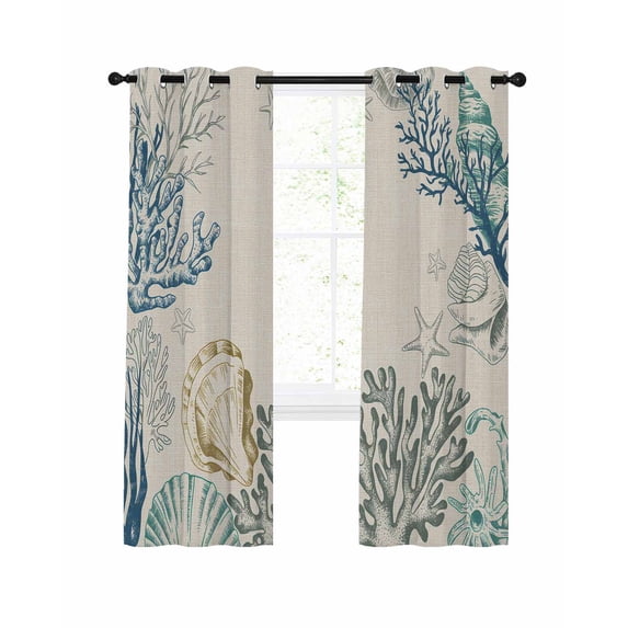 Ocean Life Blackout Curtains for Bedroom Living Room, Shell Conch Coral Starfish Vintage Linen 84 In Long Thermal Insulated Room Darkening Drapes Grommet Window Treatments, 42 x 84 In