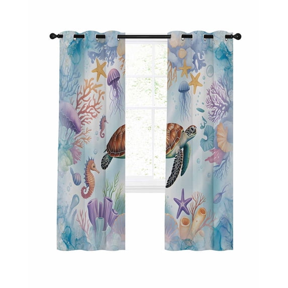 Ocean Life Blackout Curtains for Bedroom Living Room, Watercolor Starfish Jellyfish Coral Fish 54 In Long Thermal Insulated Room Darkening Drapes Grommet Window Treatments, 42 x 54 In