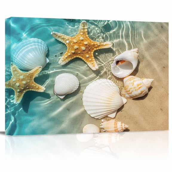 Ocean Life Canvas Print Wall Art Shell Yellow Starfish Sea Water Beach Pictures Painting Morden Artwork for Living Room Bedroom, Ready to Hang - 12"x16"