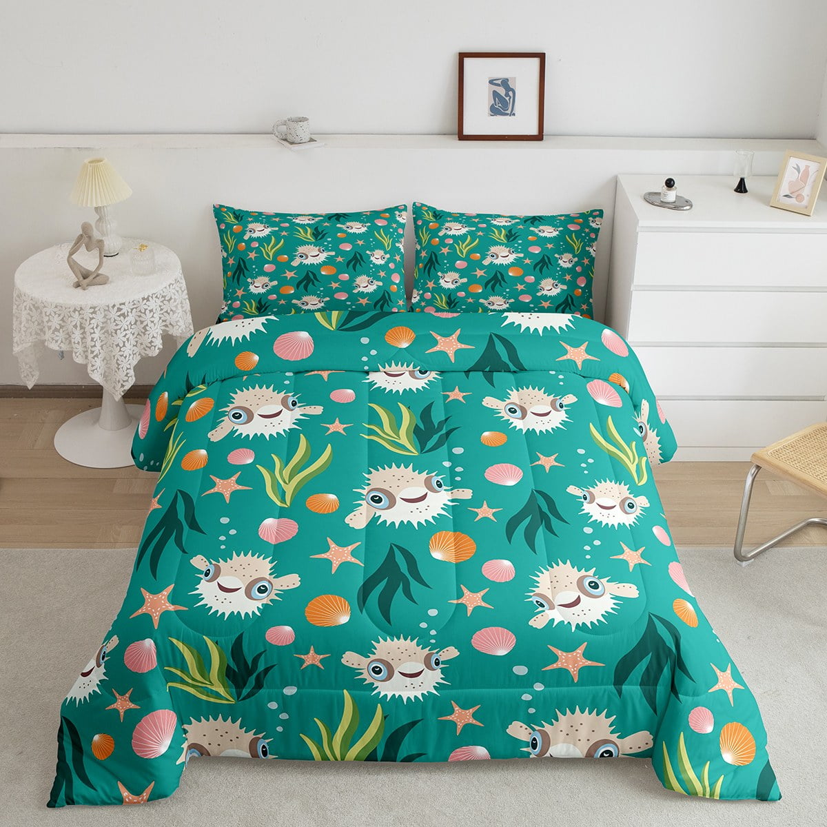 Ocean Life Comforter Set King Size,Cute Cartoon Sea Animal Pufferfish