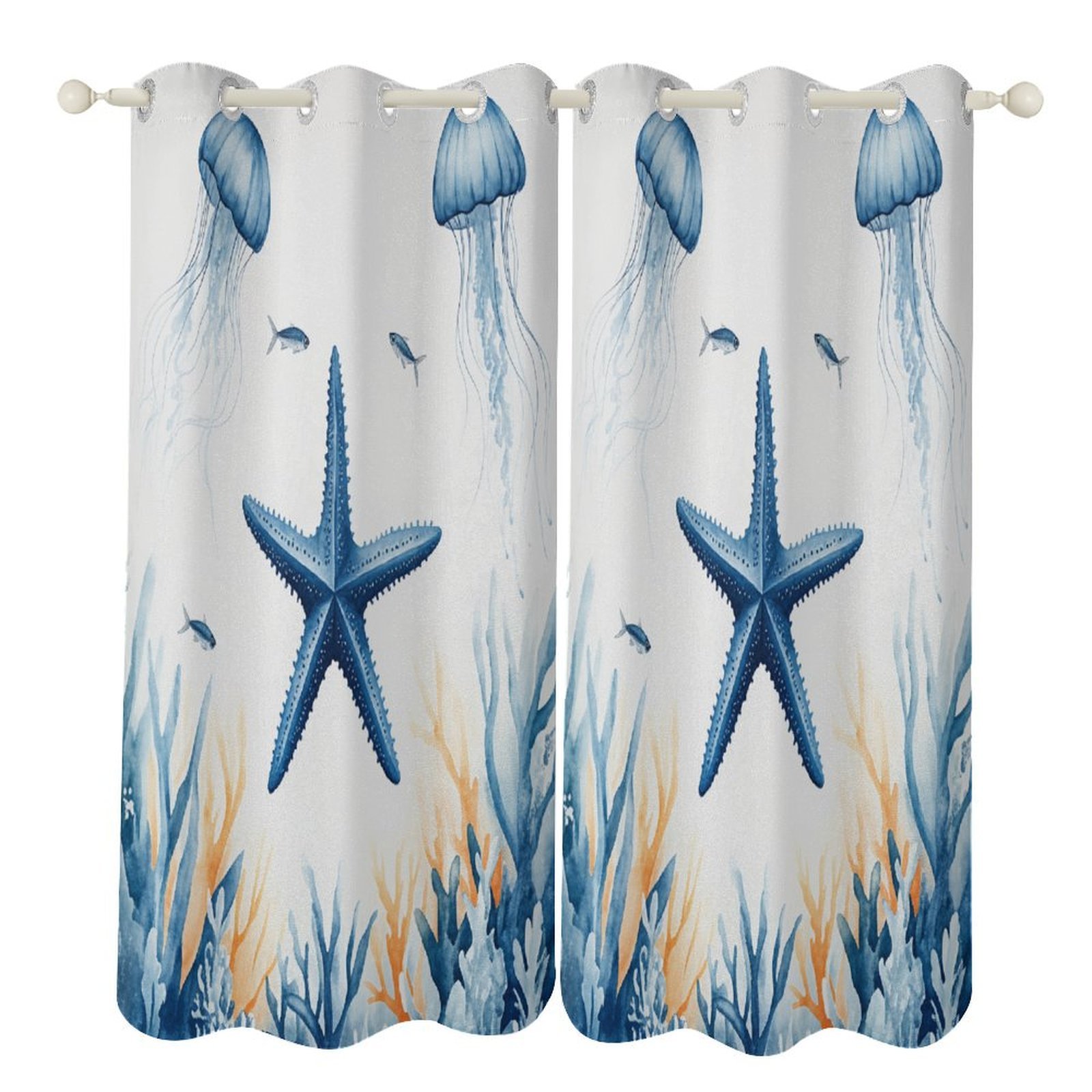 Ocean Life Coral Jellyfish Starfish-1 Blackout Curtain 3d Printed ...