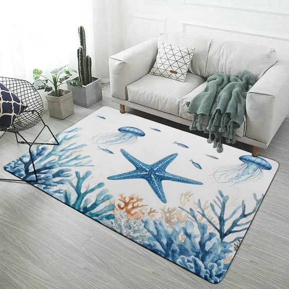 Ocean Life Coral Jellyfish Starfish Soft Comfy Rugs for Bedroom Room Living Room Bathroom Entrance Door Non-slip Comfort Mat 47"x 31.5" 47x63inch