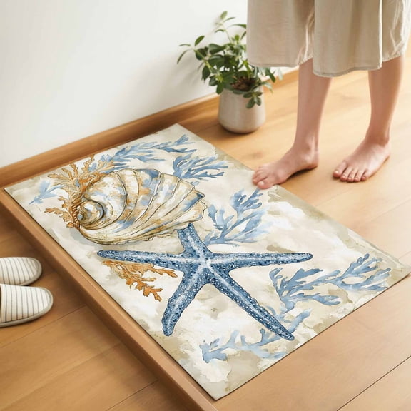 Ocean Life Door Mat 16x24 Inch Marine Coral Algae Shell Starfish Oil Painting Entryway Rug with Non-Slip Rubber, Inside Floor Mats Front Door Rug for Living Room Bathroom Bedroom Home Office
