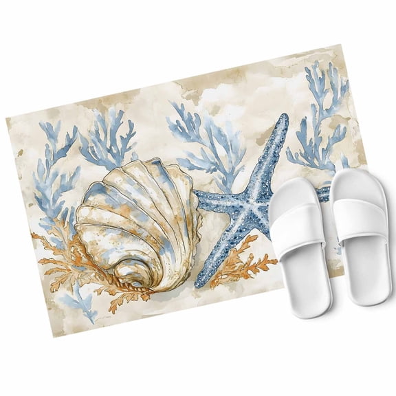 Ocean Life Door Mat Marine Coral Algae Shell Starfish Oil Painting Non Slip Absorbent Entrance Mat Washable Low Profile Indoor Doormat for Front Door Entryway Entry 16"x24"